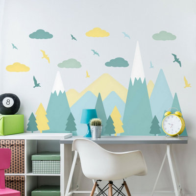 Walplus Colourful Mountains Landscape,Green, Scandinavian Style, Children Wall Stickers Kids Sticker PVC Yellow & Blue