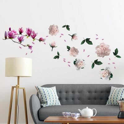 Walplus Combo Adult - Large Magnolia With Roses Wall Sticker - 94pcs