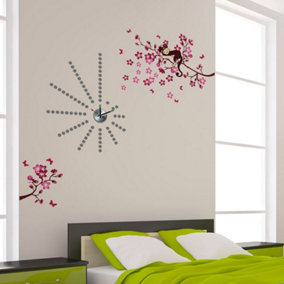 Walplus Combo Adult Silver Dot Clock - Pink Monkey Tree Wall Sticker