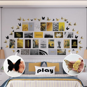 Walplus Combo Adult - Yellow And Grey Adhesive Aesthetic Wall Mural Collage Stickers Set with 3D Butterflies Wall Sticker