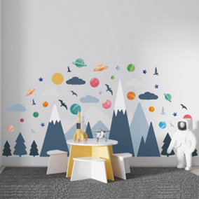 Walplus Combo Kids - Blue Mountains Landscape with Colourful Planets Wall Sticker PVC