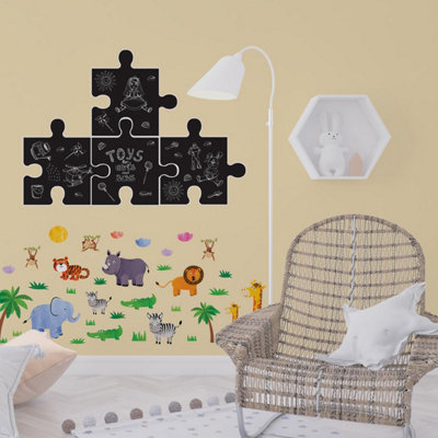 Walplus Combo Kids - Chalkboard Puzzle With Jungle Animals Wall Sticker PVC