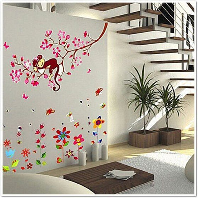 Walplus Combo Kids Colorful Flower Wall Sticker + Pink Monkey PVC