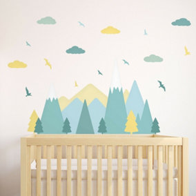 Walplus Combo Kids - Colourful Mountains Landscape Wall Stickers Yellow,Blue - 48pcs PVC