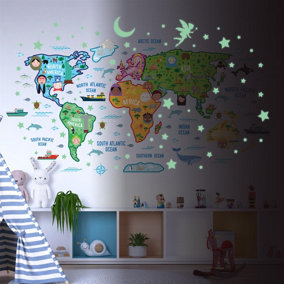 Walplus Combo Kids - Colourful World Map With Glowing Stars Wall Sticker PVC