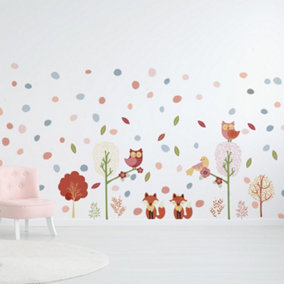 Walplus Combo Kids - Fox Forest With Dalmatian Blue And Pink Dots Wall Sticker PVC