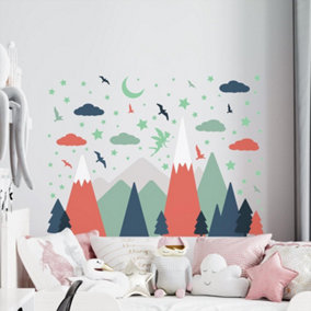Walplus Combo Kids - Glowing Fairy Night With Colourful Mountains Wall Sticker PVC