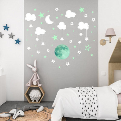 Walplus Combo Kids Wall Sticker - White Sky With Glowing Stars And Moon PVC