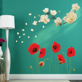 Walplus Combo Wall Stickers Art Mural Home Decor - White Magnolia and Poppy Flowers