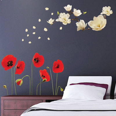Walplus Combo Wall Stickers Art Mural Home Decor - White Magnolia and Poppy Flowers