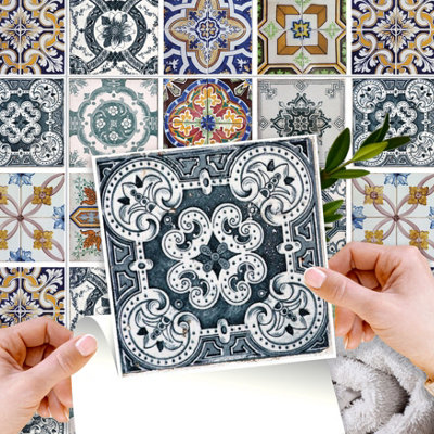 Walplus Corfu Colourful Mediterranean Peel and Stick Wall Tiles Sticker - 24Pcs 15x15cm Self Adhesive Stick on Tiles