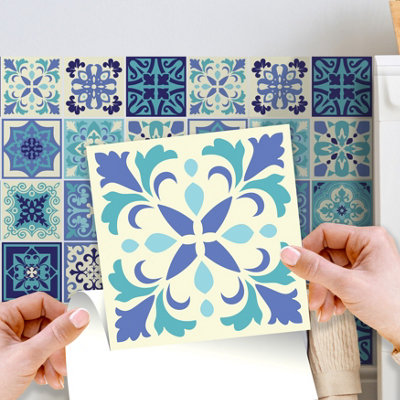 Walplus Daliah Turquoise Mediterranean Peel and Stick Wall Tiles Sticker - 24 Pieces 15x15cm Adhesive Stick on Tiles for Kitchen
