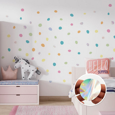 Walplus Dalmatian Polka Dots Pastel & Holographic X 2 Kids Sticker Aluminium Film Multicoloured, Pink