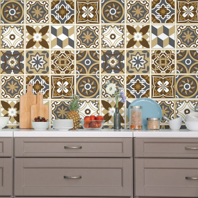 Walplus Dark Bronze Glossy Peel and Stick Wall Tiles Sticker - 24Pcs Adhesive Stick on Tiles for Kitchen Bathroom 15x15cm