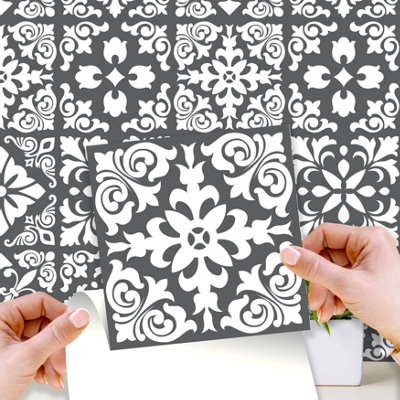 Walplus Dark Grey Spanish Renaissance Peel and Stick Wall Tiles Sticker - 24Pcs 15x15cm Self Adhesive Stick on Tiles