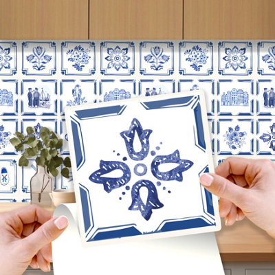 Walplus Dutch Blue Peel and Stick Wall Tiles Sticker - 24Pcs Self Adhesive Stick on Tiles for Kitchen 15x15cm