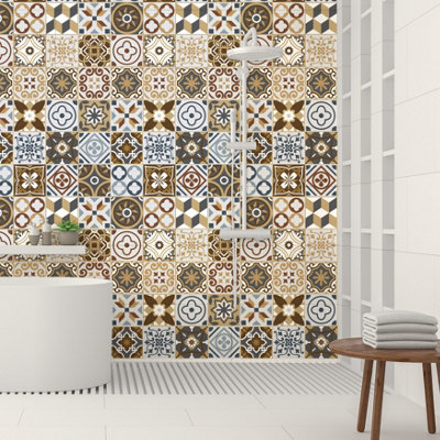 Walplus Elm Brown Azulejo Combo Mix Peel and Stick Wall Tiles Stickers - 48Pcs 15x15cm Self Adhesive Stick on Tiles for Kitchen