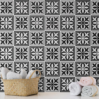 Walplus Emma Monocromatic Black Victorian Peel and Stick Wall Tiles Sticker Adhesive Stick on Tiles for Backsplash 24 Pcs 15x15cm