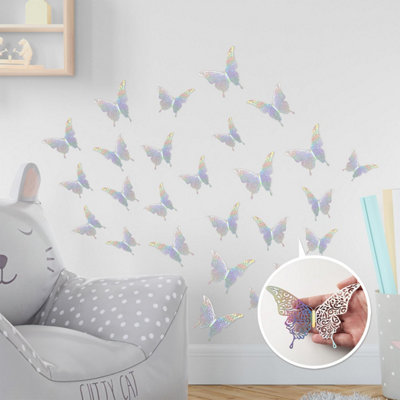 Walplus Floral 3D Butterflies Wall Sticker Art Decoration Decals DIY Holographic Silver PVC