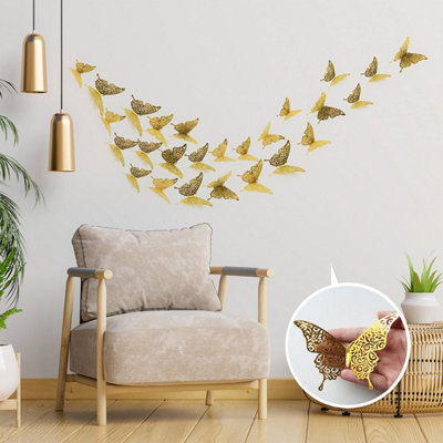 Walplus Floral 3D Butterflies Wall Sticker Art Decoration Decals DIY Home Gold PVC