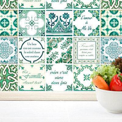 Walplus French Quote Classic Green Peel and Stick Wall Tiles Stickers - 24Pcs Self Adhesive Stick on Tiles for Kitchen Backsplash