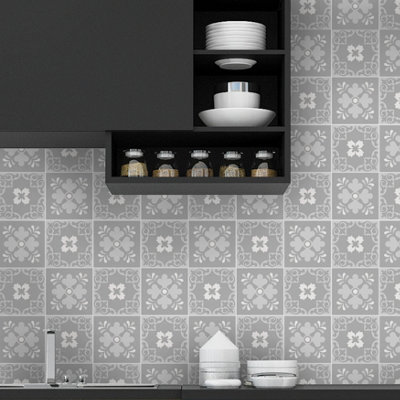 Walplus Ginnie Floral Light Grey Victorian Peel and Stick Wall Tiles Sticker - 24Pcs Adhesive Stick on Tiles for Kitchen 15x15cm