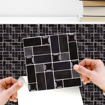 Walplus Glossy Black Porcelain Mosaic Peel and Stick Wall Tiles Sticker - 24Pcs 15x15cm Self Adhesive Stick on Tiles