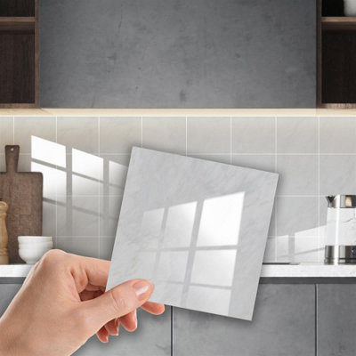 Walplus Glossy Marble Thick Peel and Stick Wall Tiles Stickers - 24Pcs Self Adhesive Stick on Tiles for Kitchen - Light Grey