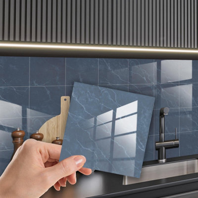 Walplus Glossy Marble Thick Peel and Stick Wall Tiles Stickers - 24Pcs Self Adhesive Stick on Tiles for Kitchen Steel Blue