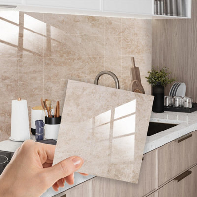 Walplus Glossy Marble Thick Peel and Stick Wall Tiles Stickers - 24Pcs Self Adhesive Stick on Tiles for Kitchen Topaz Brown