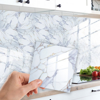 Walplus Glossy White Marble Peel and Stick Wall Tiles Sticker - 24Pcs Self Adhesive Stick on Tiles for Kitchen Backsplash