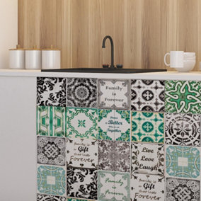 Walplus Green and Grey Vintage Combo Mix Tile Stickers