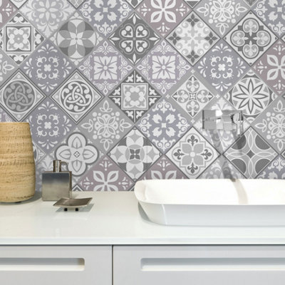 Walplus Grey Paradise Mediterrranean Combo Peel and Stick Wall Tiles Sticker - 48Pcs Self Adhesive Stick on Tiles for Kitchen