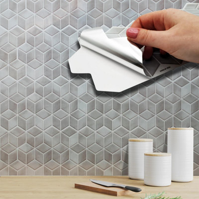 Walplus Grey Stone Hexacube Peel and Stick Wall 2D Tiles Sticker - 12Pcs Self Adhesive Stick on Tiles for Kitchen 28.5x14 cm
