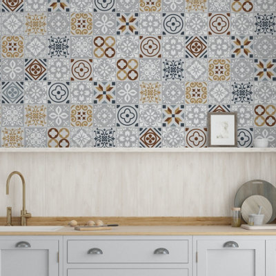 Walplus Grigio Mediterrranean Peel and Stick Wall Tiles Sticker - 48Pcs Self Adhesive Stick on Tiles for Kitchen 15x15cm