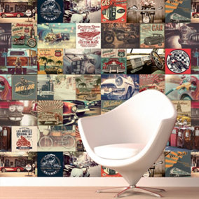 Walplus HD Vintage Vehicle Collage Mural Decals Home Self-adhesive Wallpaper 180x120cm