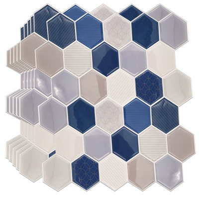 Walplus Honey Hexa Blue and Cream Epoxy Peel and Stick Wall 3D Tiles Stickers - 60Pcs Self Adhesive Stick on Tiles for Kitchen