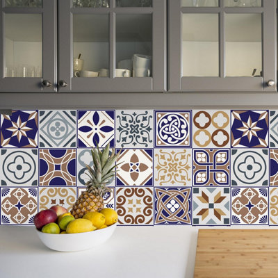 Walplus Indigo and Peanut Azulejo Peel and Stick on Tiles - 48 Pieces 15 x 15cm Self Adhesive Wall Tile Stickers for Kitchen