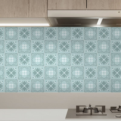 Walplus Jan Floral Light Blue Victorian Peel and Stick Wall Tiles Sticker - 24 Pieces 15x15cm Self Adhesive Stick on Tiles
