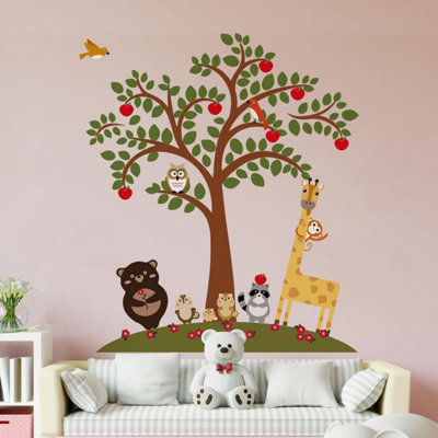 Walplus Janiya Animal Friends And Apple Tree Wall Sticker Decals Diy Art Nursery Décor Kids Sticker PVC Multicoloured