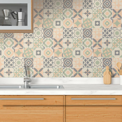 Walplus Kansas Rose and Pastel Green Peel and Stick Wall Tiles Stickers - 24Pcs Self Adhesive Stick on Tiles for Kitchen 15x15cm