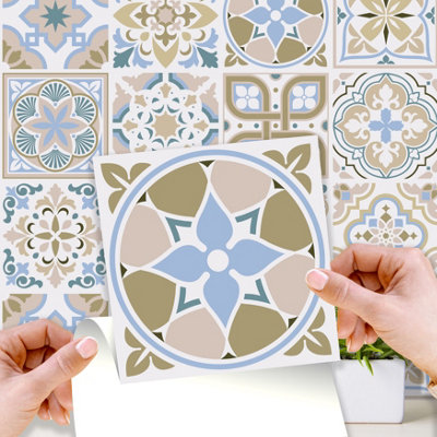 Walplus Light Sapphire and Parchment Traditional Peel and Stick Wall Tiles Sticker - 24Pcs 15x15cm Self Adhesive Stick on Tiles
