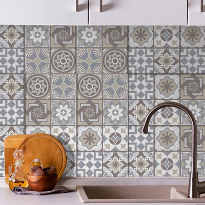 Walplus Limestone Spanish 3D Peel and Stick Wall Tiles Stickers - 64Pcs Adhesive Stick on Tiles for Kitchen 15.4x15.4cm