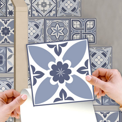 Walplus Lisbon Blue Mosaic Peel and Stick Wall Tiles Sticker - 24Pcs 15x15cm Self Adhesive Stick on Tiles