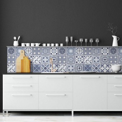 Walplus Lisbon Blue Mosaic Peel and Stick Wall Tiles Sticker - 24Pcs 15x15cm Self Adhesive Stick on Tiles