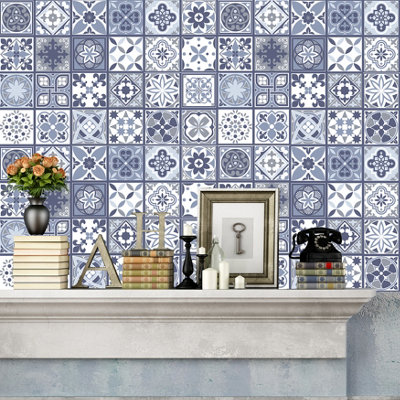 Walplus Lisbon Blue Peel and Stick Wall Tiles Stickers - 12Pcs 20x20cm Self Adhesive Stick on Tiles for Kitchen