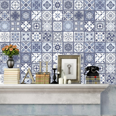 Walplus Lisbon Blue Tile Stickers Tiles Backsplash for Kitchen,Room PVC