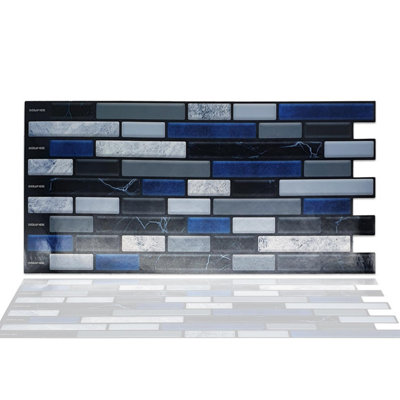 Walplus Lux Touch Grey And Blue Marble Long Mosaic Wall 2D Tile Stickers 11.2 x 5.5 inches / 28.5 x 14 cm 12 Pcs