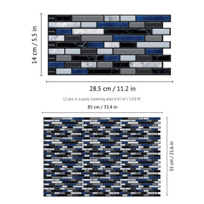 Walplus Lux Touch Grey And Blue Marble Long Mosaic Wall 2D Tile Stickers 11.2 x 5.5 inches / 28.5 x 14 cm 12 Pcs