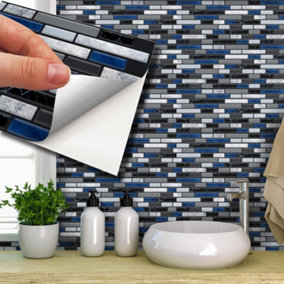 Walplus Lux Touch Grey And Blue Marble Long Mosaic Wall 2D Tile Stickers Multipack 24Pcs